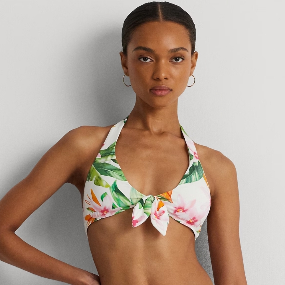 Lauren Ralph Lauren Watercolor Tropical Floral Halter Bikini TOP SIZE 6